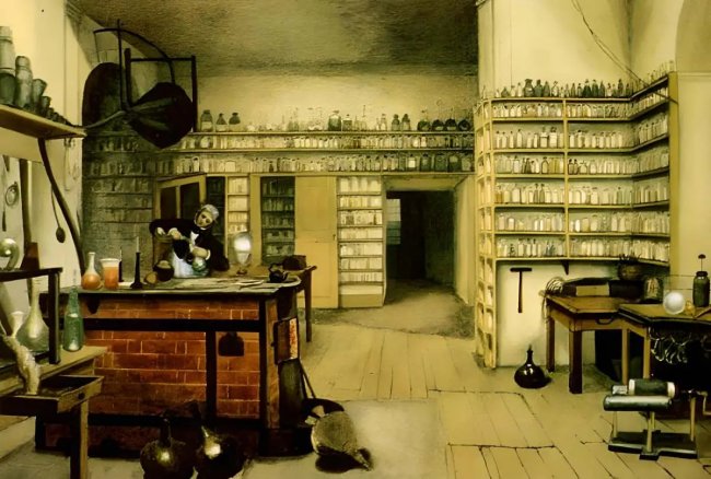 Майкл Фарадей в своей лаборатории в Королевском институте (с картины Гарриет Мур)