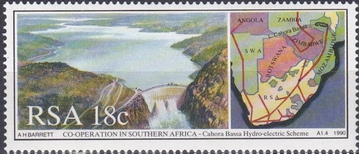 ГЭС Кахора-Басса на почтовой марке ЮАР 1990 года