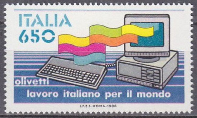 Компьютер на почтовой марке Италии 1986 года