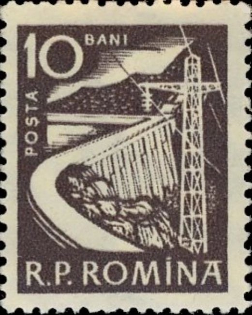 Гидроэлектростанция и ЛЭП на почтовй марке Румынии