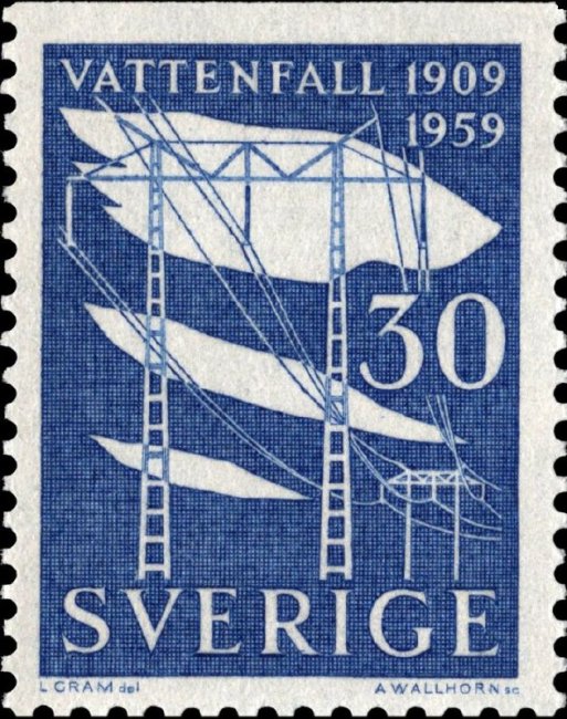 Опоры ЛЭП на почтовой марке Швеции 1959 года